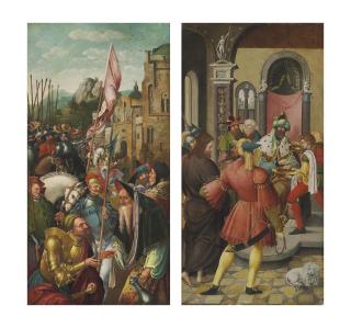 The Master Of The Antwerp Adoration - The wing of an altarpiece: The Meeting of Abraham and Melchizedek (verso); and Christ before Pilate (recto)