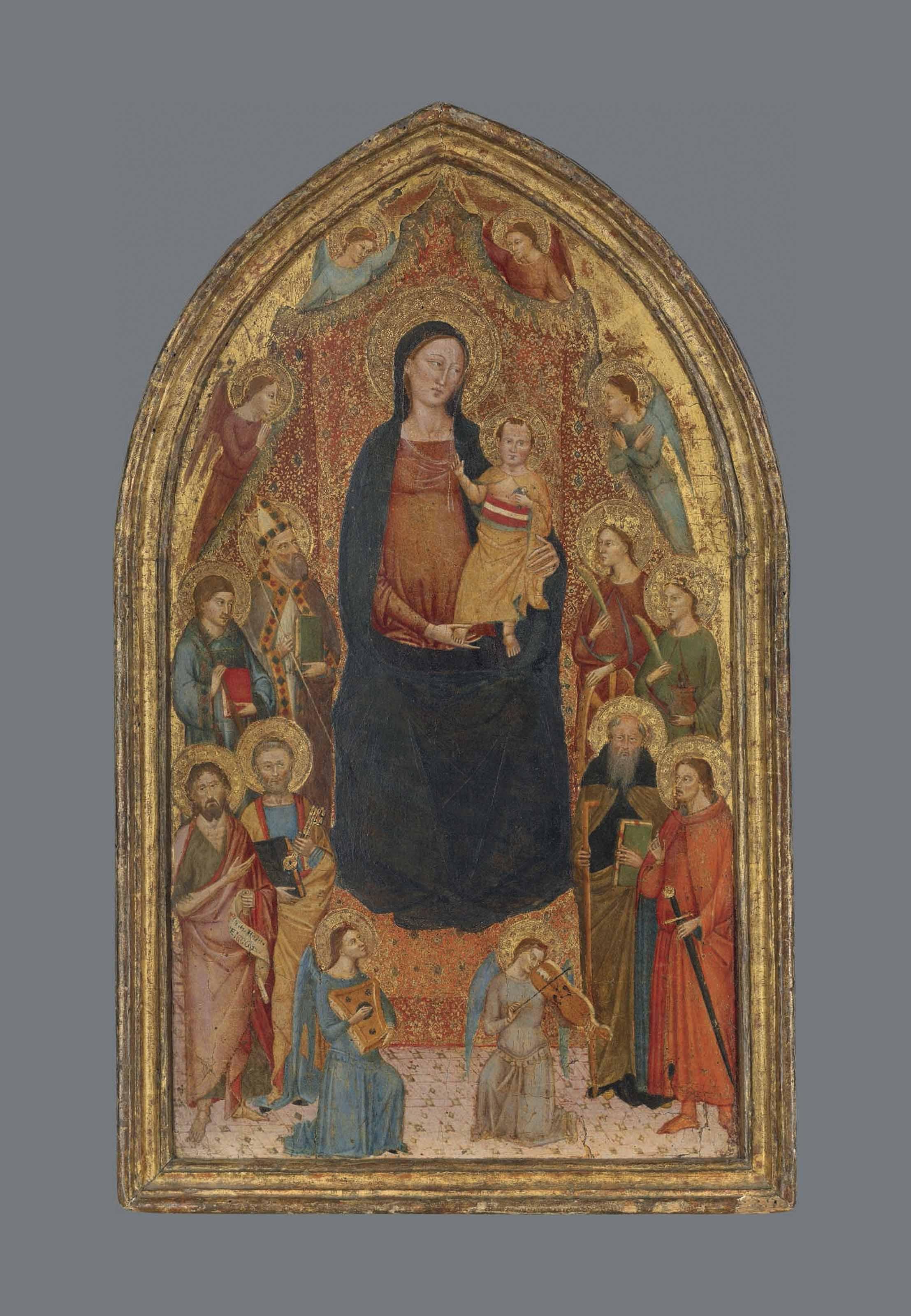 The Master Of The Ashmolean Predella - The Madonna and Child enthroned with Saints John the Baptist, Peter, Lawrence, Zenobius, Catherine of Alexandria, Lucy, Anthony Abbot and Eustace, with angels