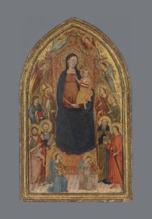 The Master Of The Ashmolean Predella - The Madonna and Child enthroned with Saints John the Baptist, Peter, Lawrence, Zenobius, Catherine of Alexandria, Lucy, Anthony Abbot and Eustace, with angels