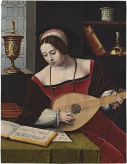 The Master of the Female Half-Lengths - A lady playing a lute in an interior