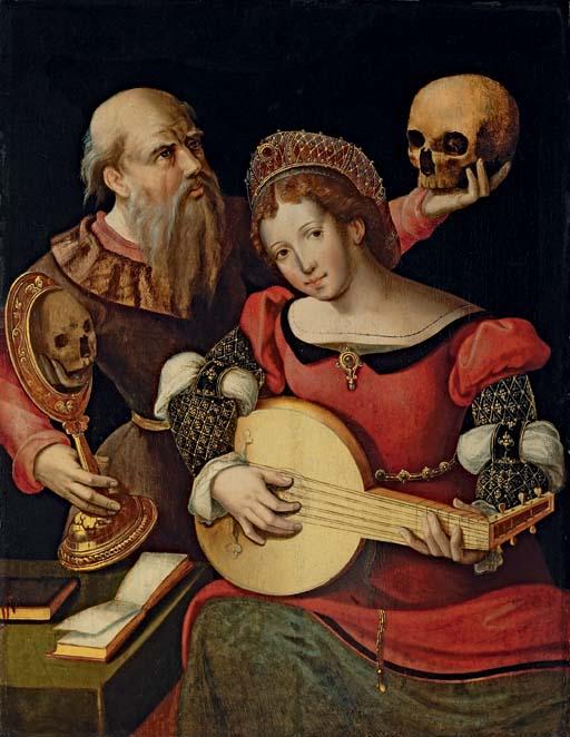 The Master of The Female Half-Lengths - A vanitas with a lady playing a lute and a man holding a skull and a mirror