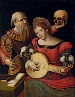 The Master of The Female Half-Lengths - A vanitas with a lady playing a lute and a man holding a skull and a mirror