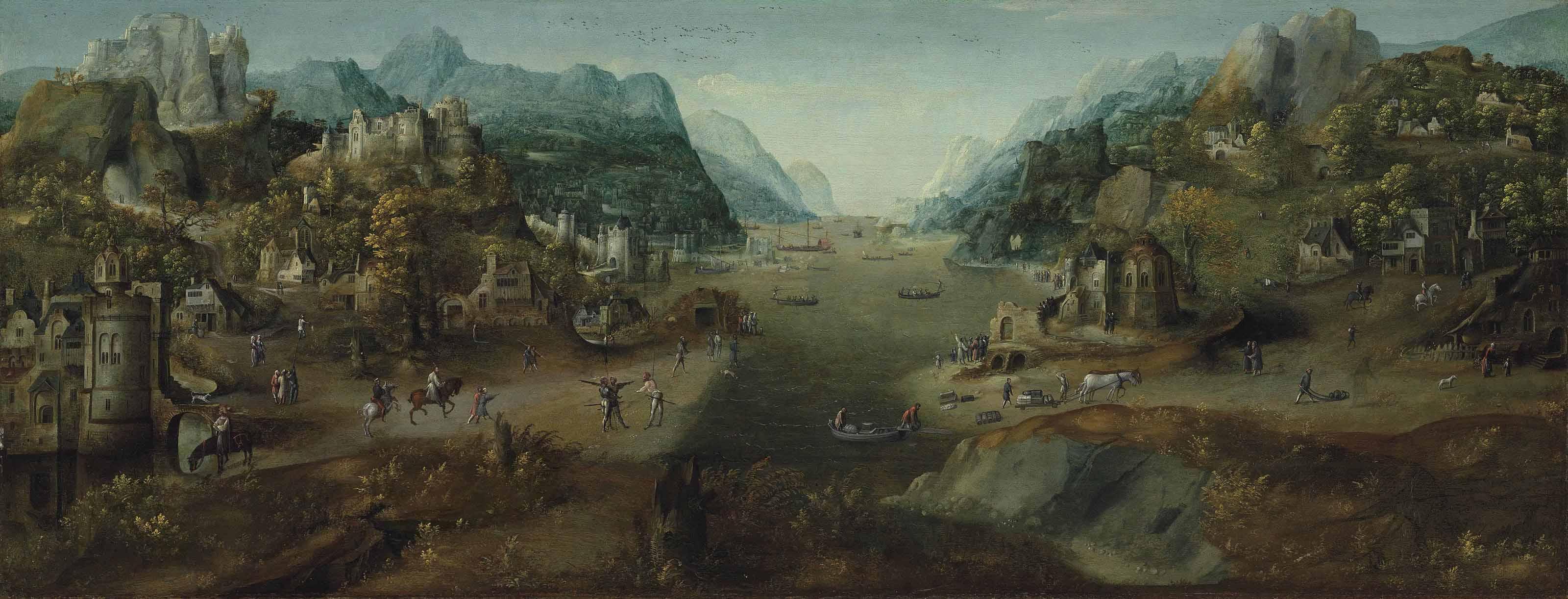 The Master Of The Female Half-Lengths - An Extensive Mountainous River Landscape With A Castle And Other Fortified Buildings, A Group Of Soldiers On The Bank And Other Figures