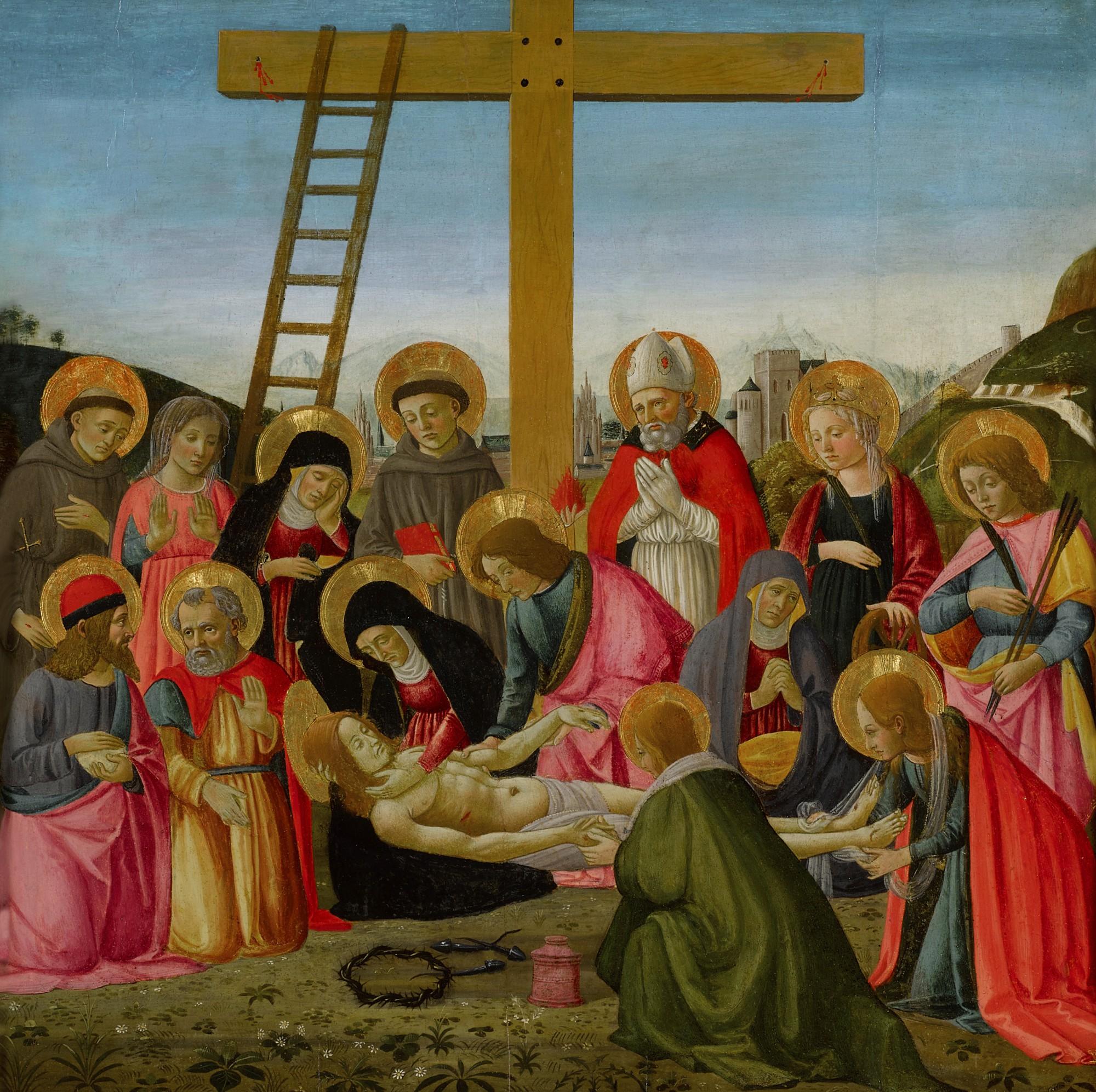 The Master of the Fiesole Epiphany - The Lamentation with Saints Francis, Anthony of Padua, a Bishop Saint, Catherine of Alexandria and Sebastian