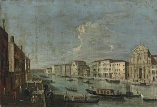 The Master of the Langmatt Foundation Views, Apollonio Domenichini? - A view of the Grand Canal, Venice, looking south west from the Chiesa degli Scalzi to the Fondamenta della Croce with San Simone Piccolo