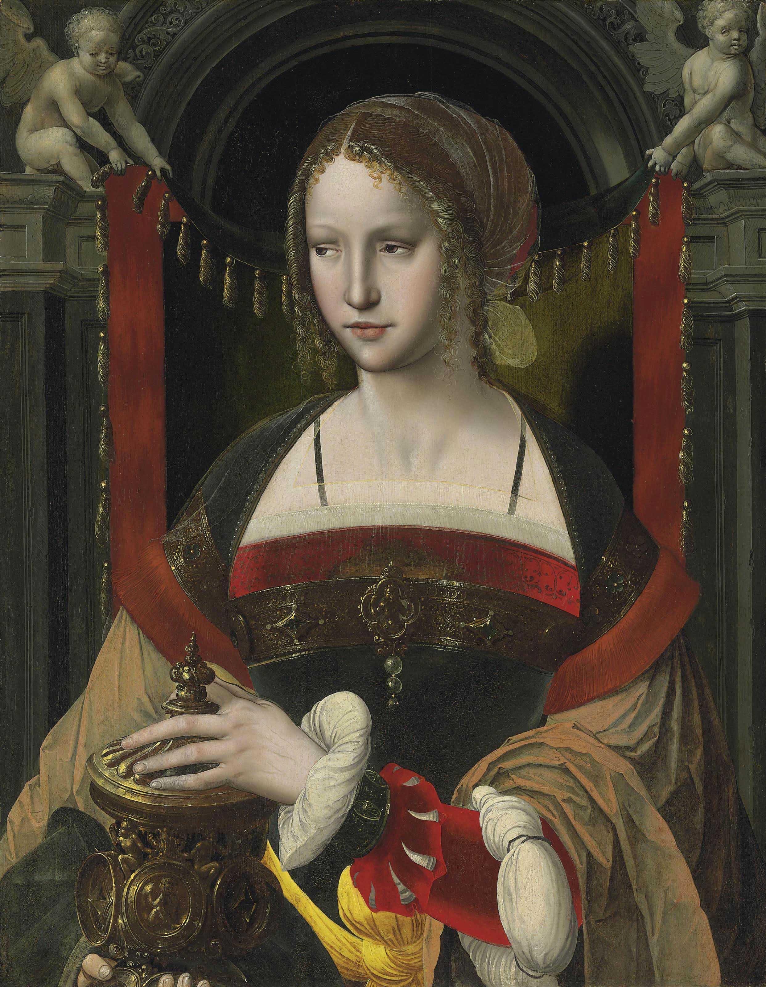 The Master of The Parrot - Saint Mary Magdalene Before A Curtain Supported By Angels In An Architectural Niche