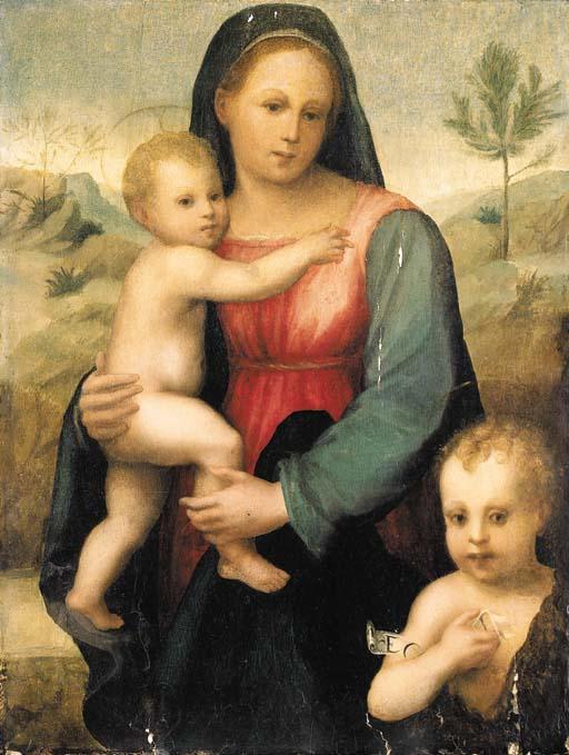 The Master Of Volterra - The Madonna and Child with the infant Saint John the Baptist, a landscape beyond