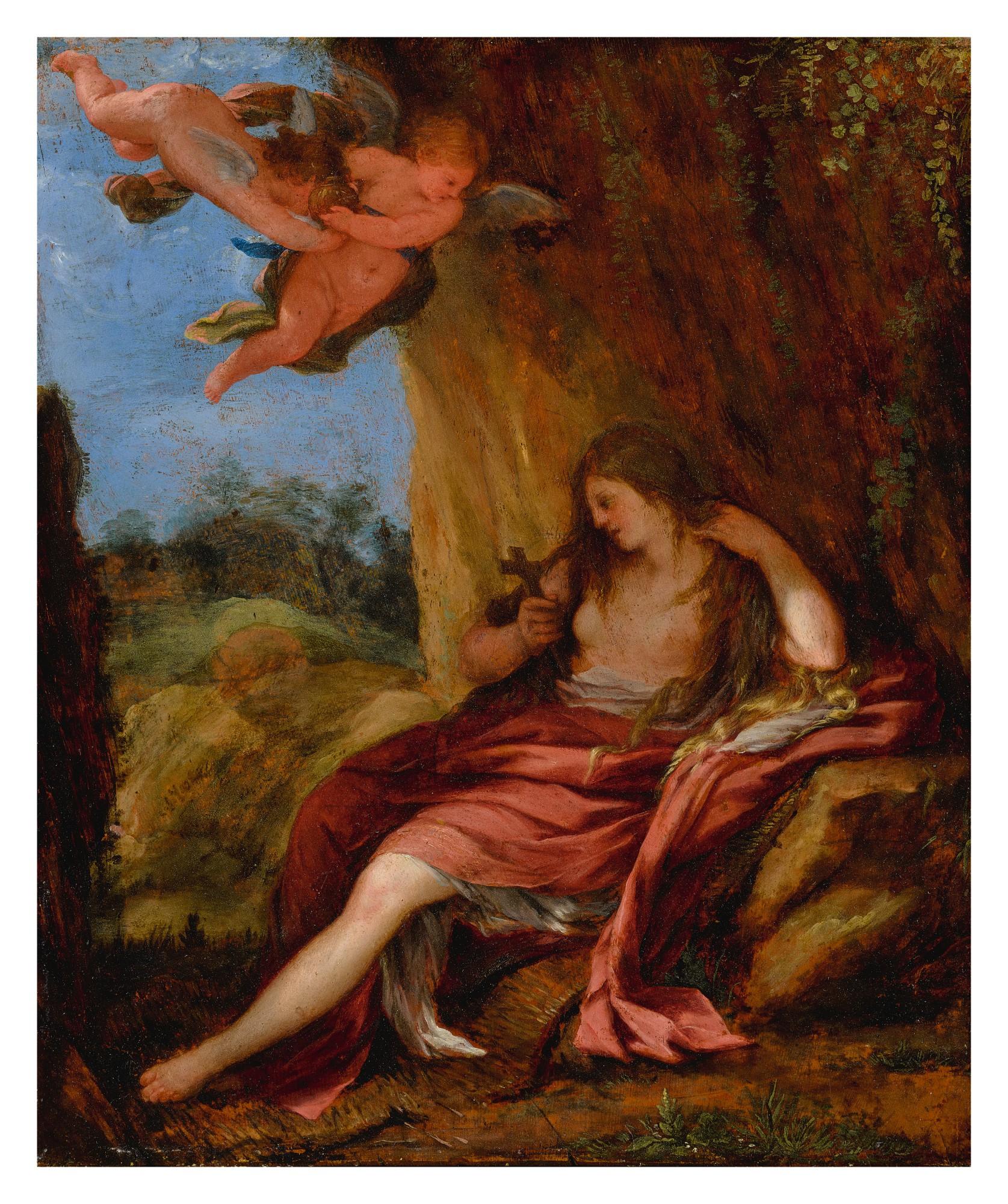 The Penitent Mary Magdalene In A Cave With Two Putti