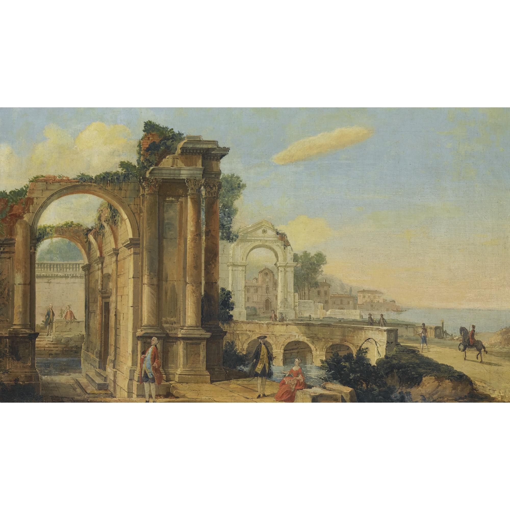 The Pseudo Battaglioli - A Capriccio Coastal Landscape With Figures Beneath Ruins