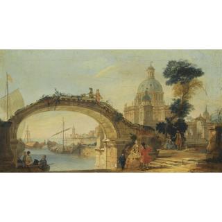 The Pseudo Battaglioli - A Capriccio View With A Footbridge Over A River, A Large Cathedral In The Background