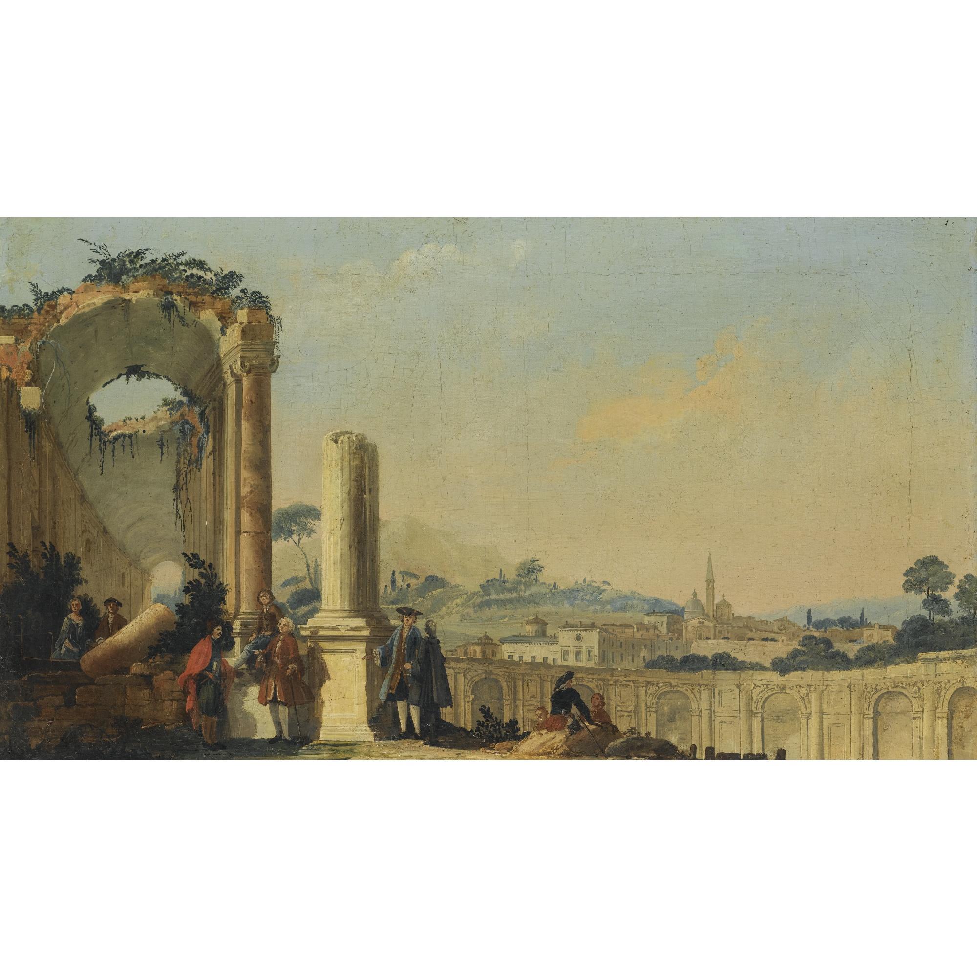 The Pseudo Battaglioli - Elegant Figures Conversing Beneath Ruins, A Hill Town With A Tall Spire Beyond