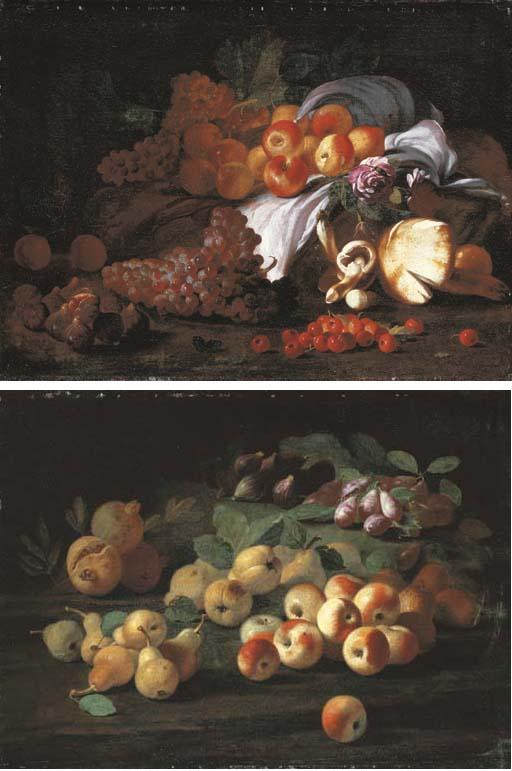 The Pseudo-Fardella - Grapes, pears, apples and roses on a white cloth, with figs, grapes and other fruit and mushrooms on a forest floor; and Pomegranates, pears, quinces, apples, plums and figs on a forest floor