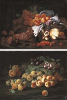 The Pseudo-Fardella - Grapes, pears, apples and roses on a white cloth, with figs, grapes and other fruit and mushrooms on a forest floor; and Pomegranates, pears, quinces, apples, plums and figs on a forest floor