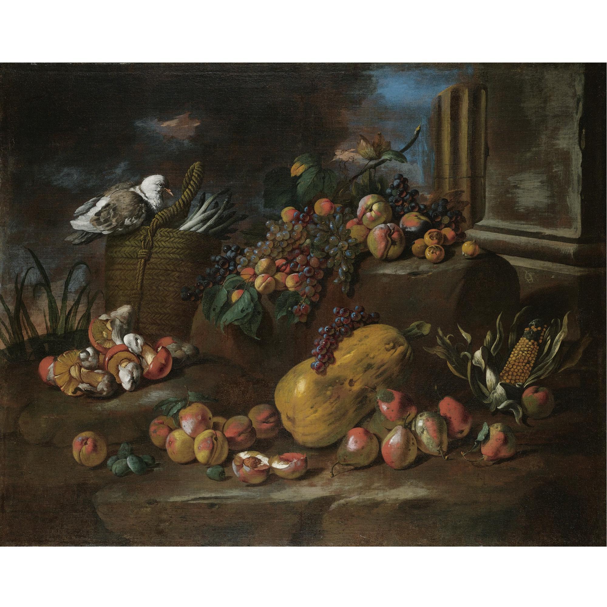 The Pseudo-Fardella - Still Life Of Peaches, Pears, Grapes, A Watermelon, Mushrooms, An Ear Of Corn And A Pigeon Resting On A Basket Of Asparagus, All Arranged In A Landscape