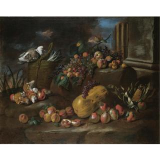 The Pseudo-Fardella - Still Life Of Peaches, Pears, Grapes, A Watermelon, Mushrooms, An Ear Of Corn And A Pigeon Resting On A Basket Of Asparagus, All Arranged In A Landscape
