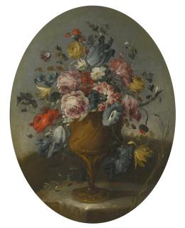The Pseudo-Guardi - A Pair Of Still Lifes Of Roses, Amenones, Tulips And Other Flowers In Bronze Urns, Resting On Stone Ledges