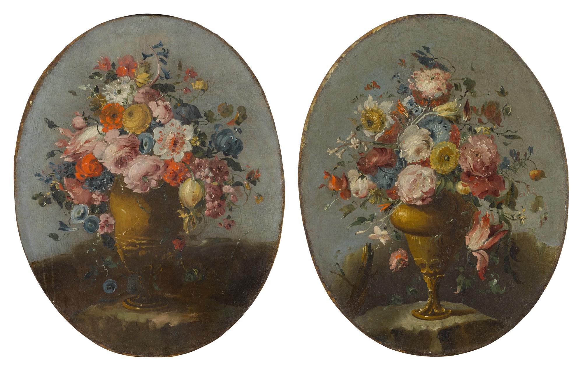 The Pseudo-Guardi - A pair of still lifes of roses, anemones, and other flowers in bronze urns, resting on stone ledges