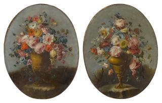 The Pseudo-Guardi - A pair of still lifes of roses, anemones, and other flowers in bronze urns, resting on stone ledges