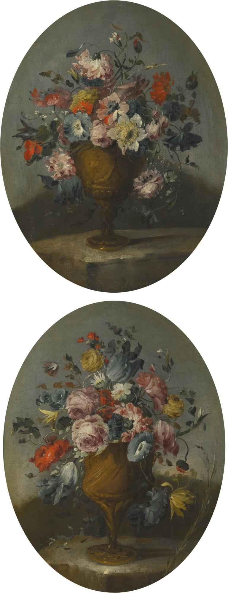 The Pseudo-Guardi - A Pair Of Still Lifes Of Roses, Anemones, Tulips And Other Flowers In Bronze Urns, Resting On Stone Ledges