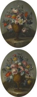 The Pseudo-Guardi - A Pair Of Still Lifes Of Roses, Anemones, Tulips And Other Flowers In Bronze Urns, Resting On Stone Ledges