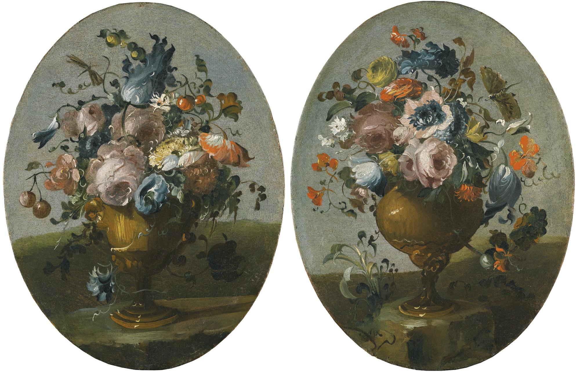 The Pseudo-Guardi - A Pair Of Still Lifes Of Roses, Anemones, Tulips And Other Flowers In Bronze Urns, Resting Upon Stone Ledges