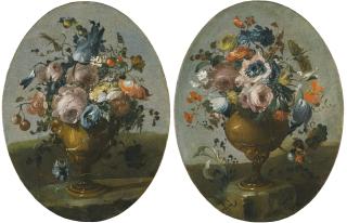 The Pseudo-Guardi - A Pair Of Still Lifes Of Roses, Anemones, Tulips And Other Flowers In Bronze Urns, Resting Upon Stone Ledges