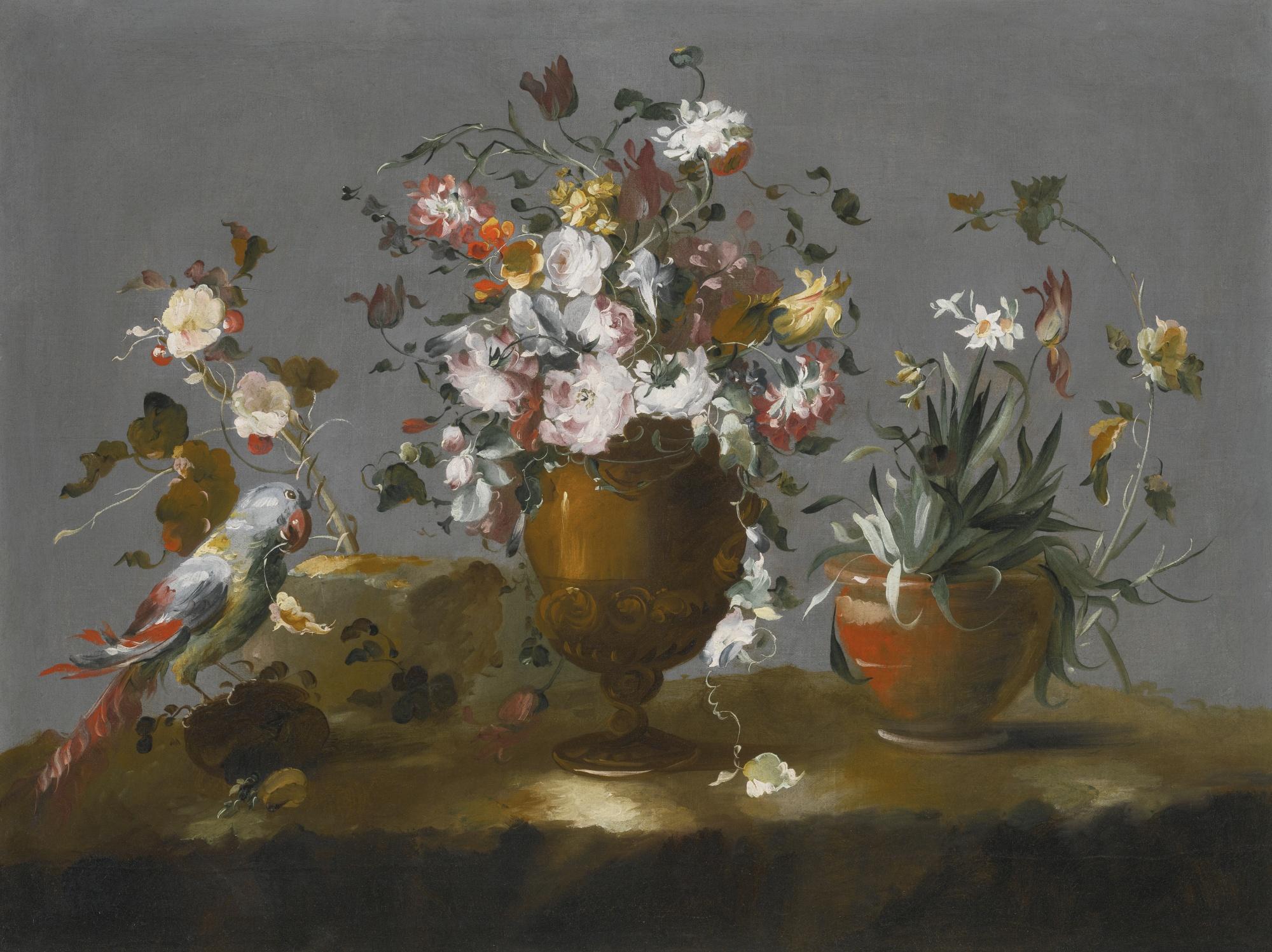 The Pseudo-Guardi - A Still Life With Roses, Carnations And Other Flowers In A Vase, A Potted Daffodil And A Parrot On A Ledge