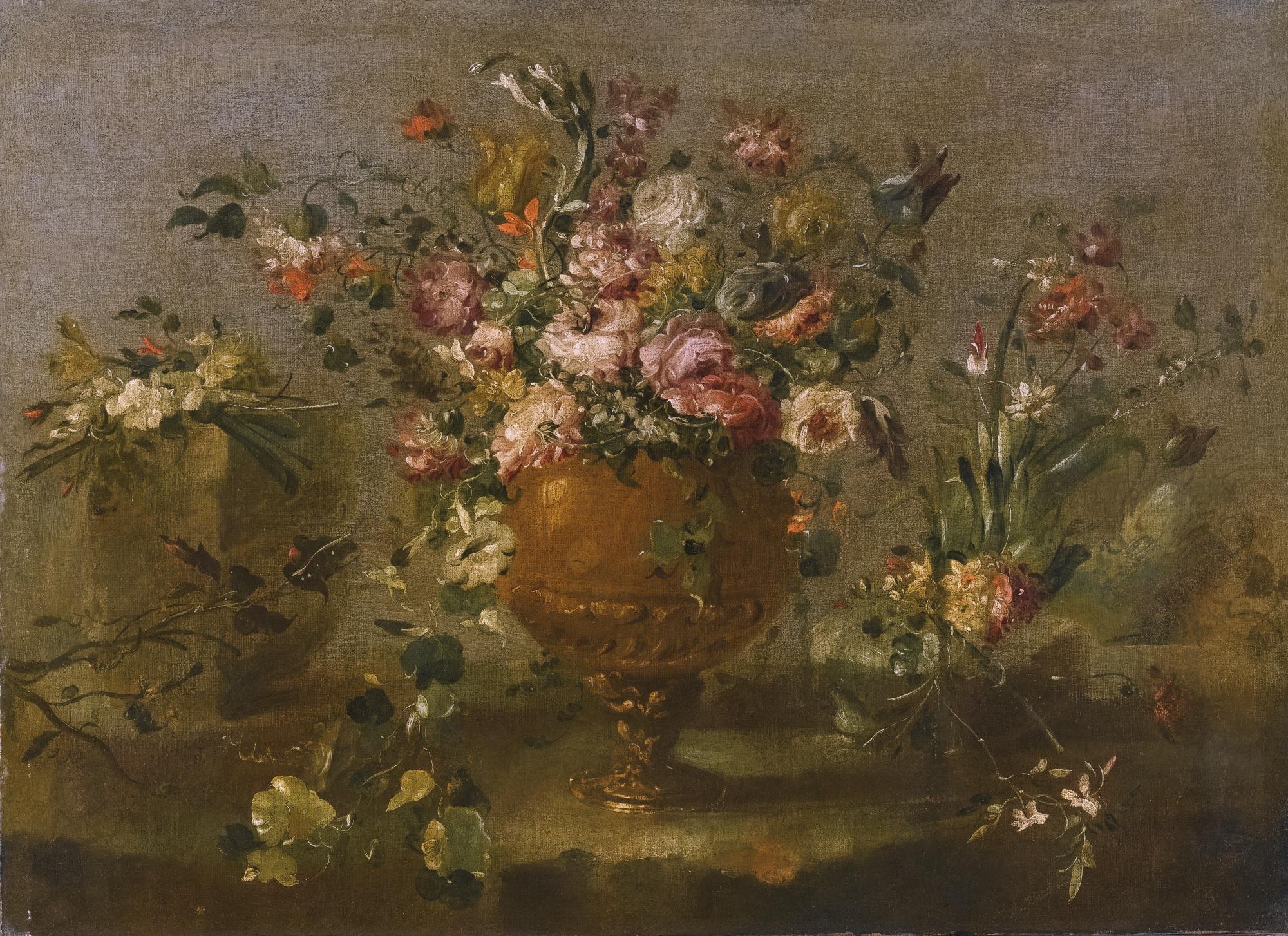 The Pseudo-Guardi - A Still Life With Roses, Carnations And Other Flowers In A Vase On A Ledge