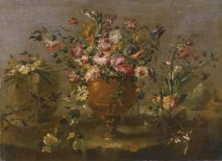 The Pseudo-Guardi - A Still Life With Roses, Carnations And Other Flowers In A Vase On A Ledge