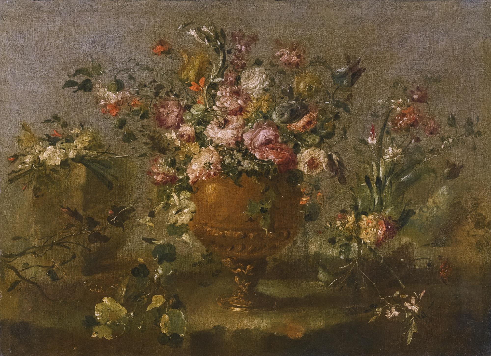 The Pseudo-Guardi - A Still Life With Roses, Carnations And Other Flowers In A Vase On A Ledge