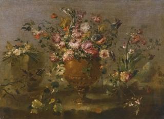 The Pseudo-Guardi - A Still Life With Roses, Carnations And Other Flowers In A Vase On A Ledge