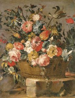 The Pseudo-Guardi - Flowers in a basket on a stone ledge