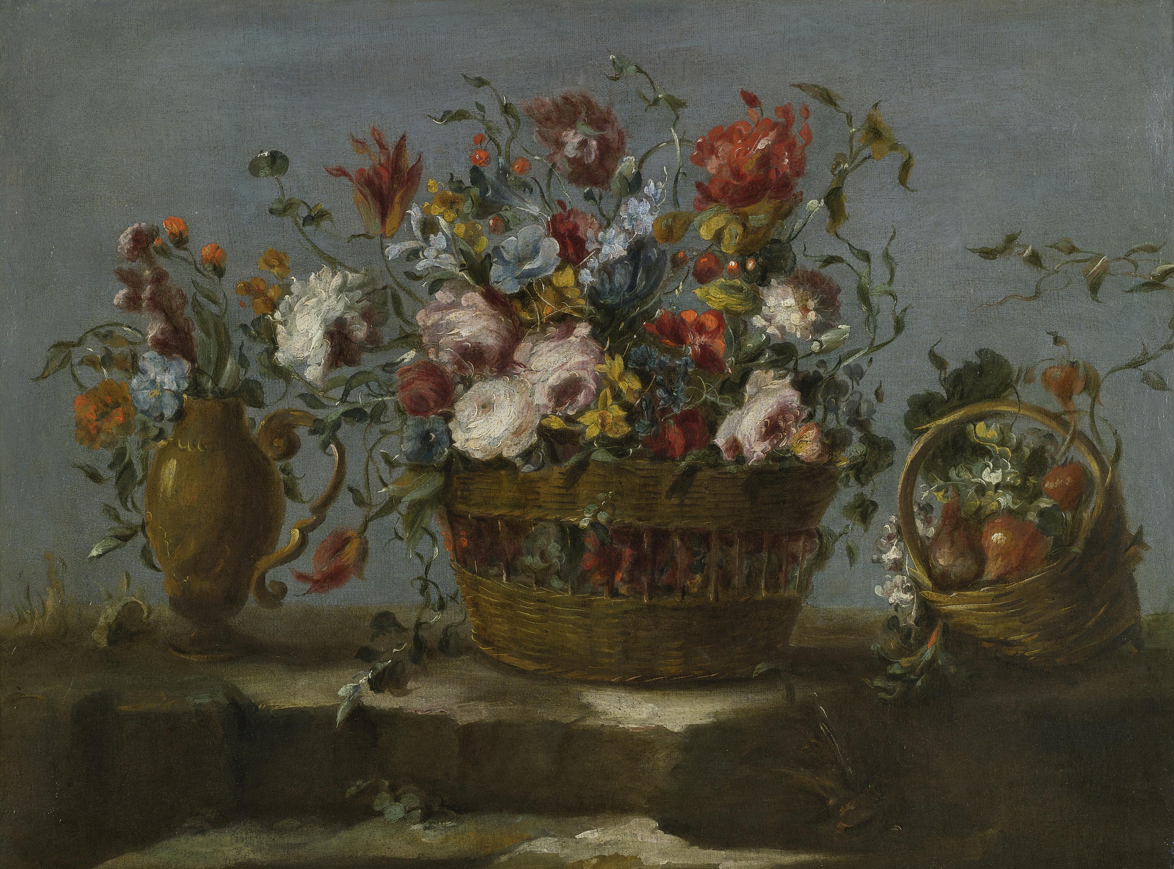 The Pseudo-Guardi - Still Life Of A Basket Of Flowers On A Rock Ledge, With A Vase Of Flowers And A Basket Filled With Fruit And Vegetables