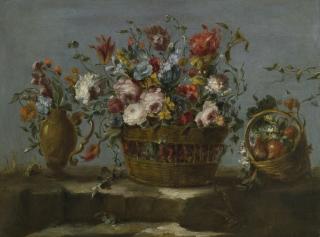 The Pseudo-Guardi - Still Life Of A Basket Of Flowers On A Rock Ledge, With A Vase Of Flowers And A Basket Filled With Fruit And Vegetables