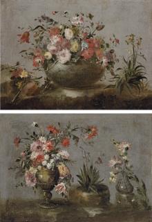 The Pseudo-Guardi - Tulips, roses, morning glory and other flowers in a stone vase with narcissi growing beside; and Tulips, carnations and other flowers in an urn,  with flowers in a glass vase and wild flowers on a stone