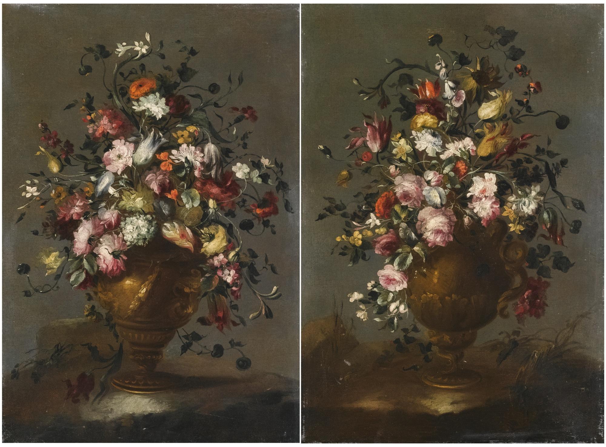 The Pseudo-Guardi - Two Still Lifes With Roses, Tulips, Viburnums, Sunflower, Poppies And Other Flowers In A Vase