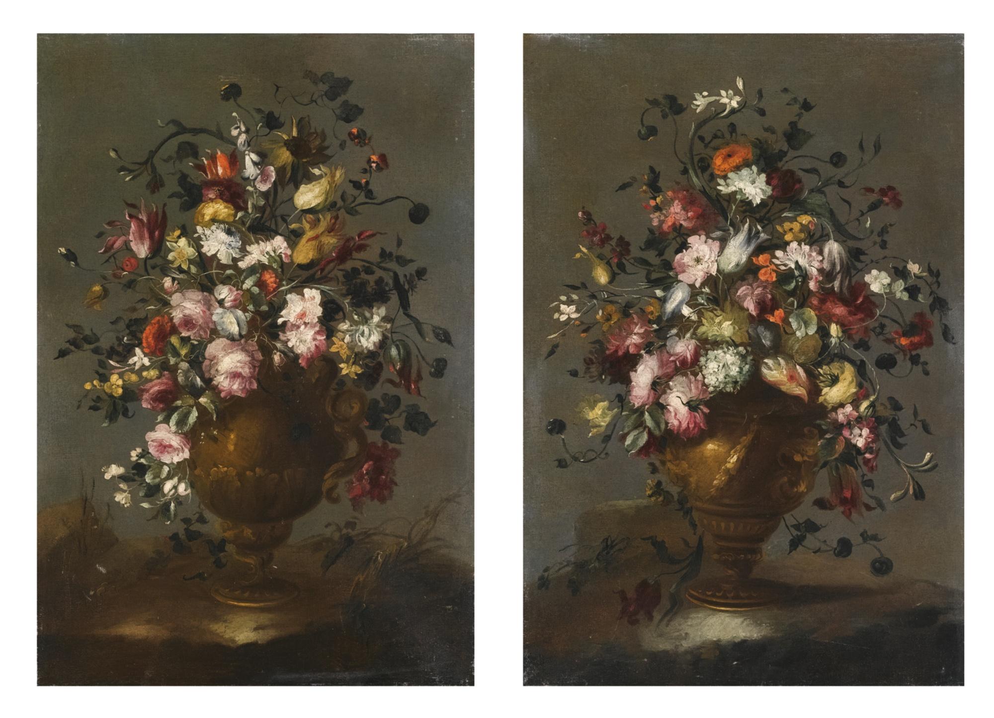 The Pseudo-Guardi - Two Still Lifes With Roses, Tulips, Viburnums, Sunflower, Poppies And Other Flowers In A Vase