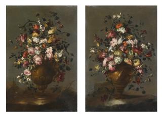 The Pseudo-Guardi - Two Still Lifes With Roses, Tulips, Viburnums, Sunflower, Poppies And Other Flowers In A Vase