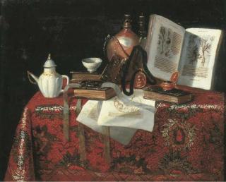The Pseudo-Roestraten - A jug, a teapot, a watch, a bowl, books and documents on a draped table
