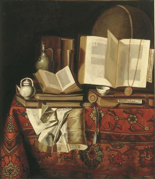 The Pseudo-Roestraten - A silver jug and a teapot, a watch, a golden chain, a teapot, books and documents on a draped table