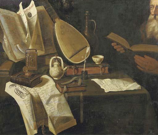 The Pseudo-Roestraten - Books, Manuscripts, A Lute And A Tea Set On A Draped Table, A Man Holding A Book Nearby