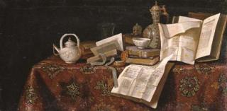 The Pseudo-Roestraten - Books, manuscripts, a teapot, and vanitas still life elements on a tabletop