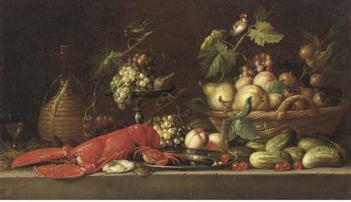 The Pseudo Simons - A lobster, a crab on a pewter plate, a bunch of grapes and a fig in a tazza, a wicker basket with fruit, a bottle of wine, oysters, cherries and cucumbers on a stone ledge with song birds