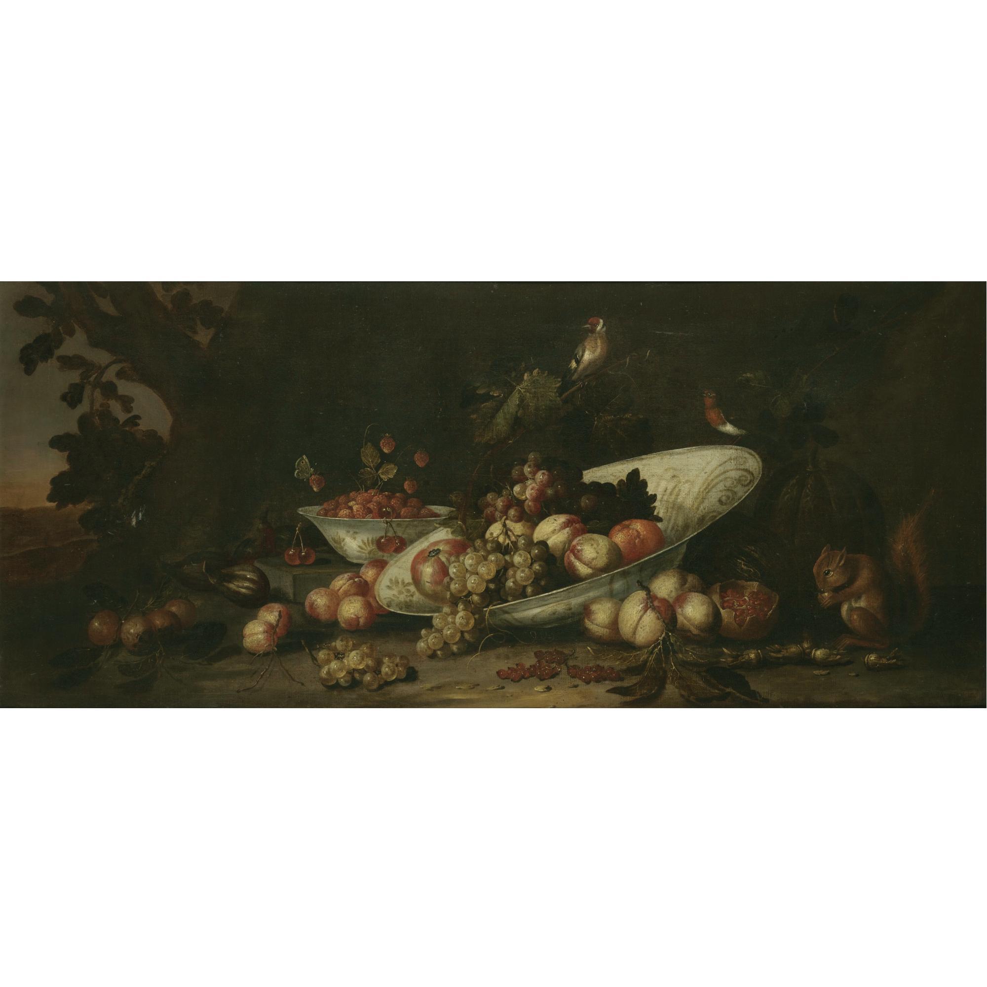 The Pseudo-Simons - A Still Life Of Fruit Including Grapes, Peaches And An Orange In A Tilted Porcelain Dish, With Redcurrants, Figs, An Open Pomegranate, Raspberries And Other Fruit, Together With A Red Squirrel Eating Hazelnuts And Songbirds