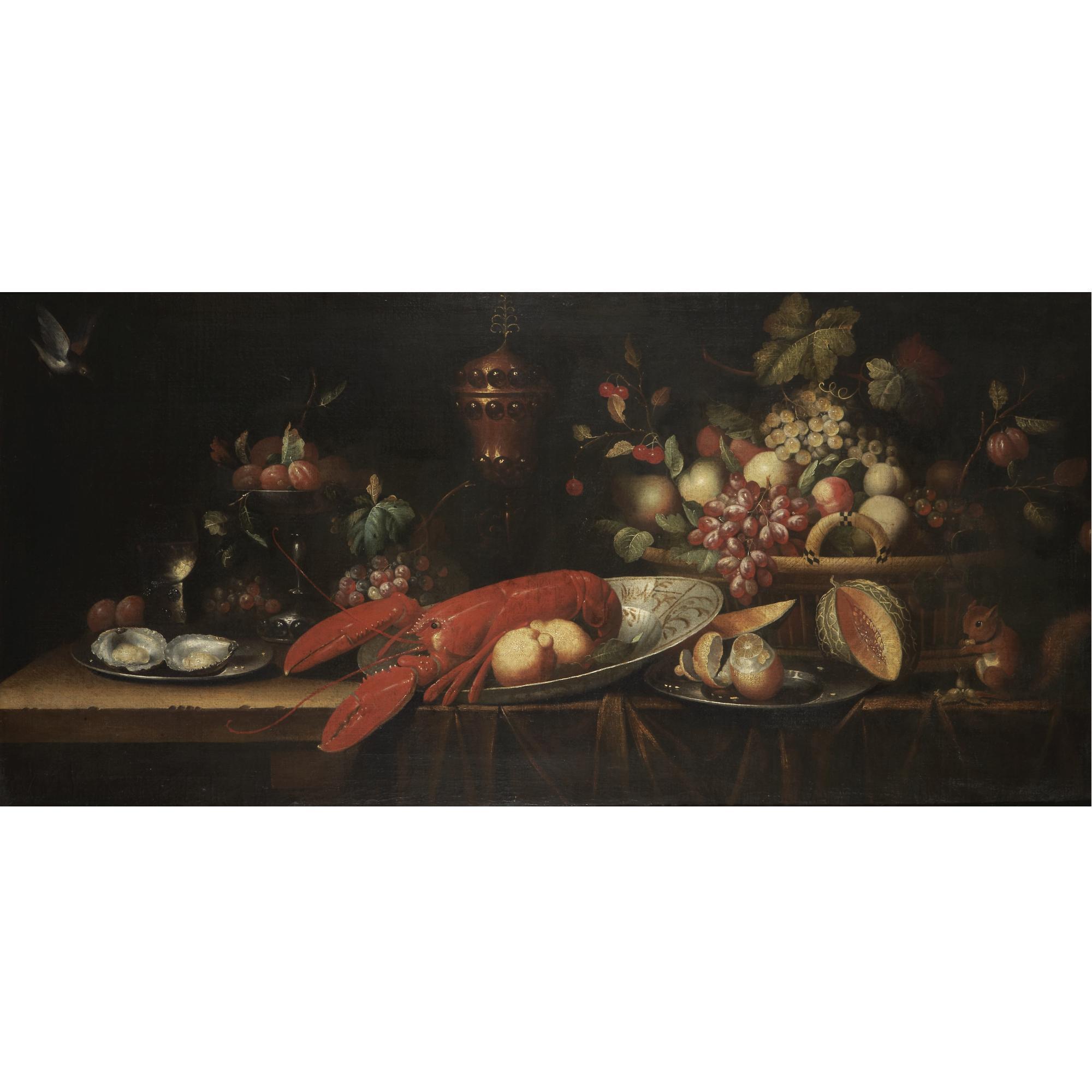 The Pseudo-Simons - Still Life With Grapes, Peaches And Plums In A Large Basket, With Other Fruit, A Lobster In A Porcelain Bowl, A Tazza, A Pronckblokaal, And A Squirrel On The Partly Draped Table Below