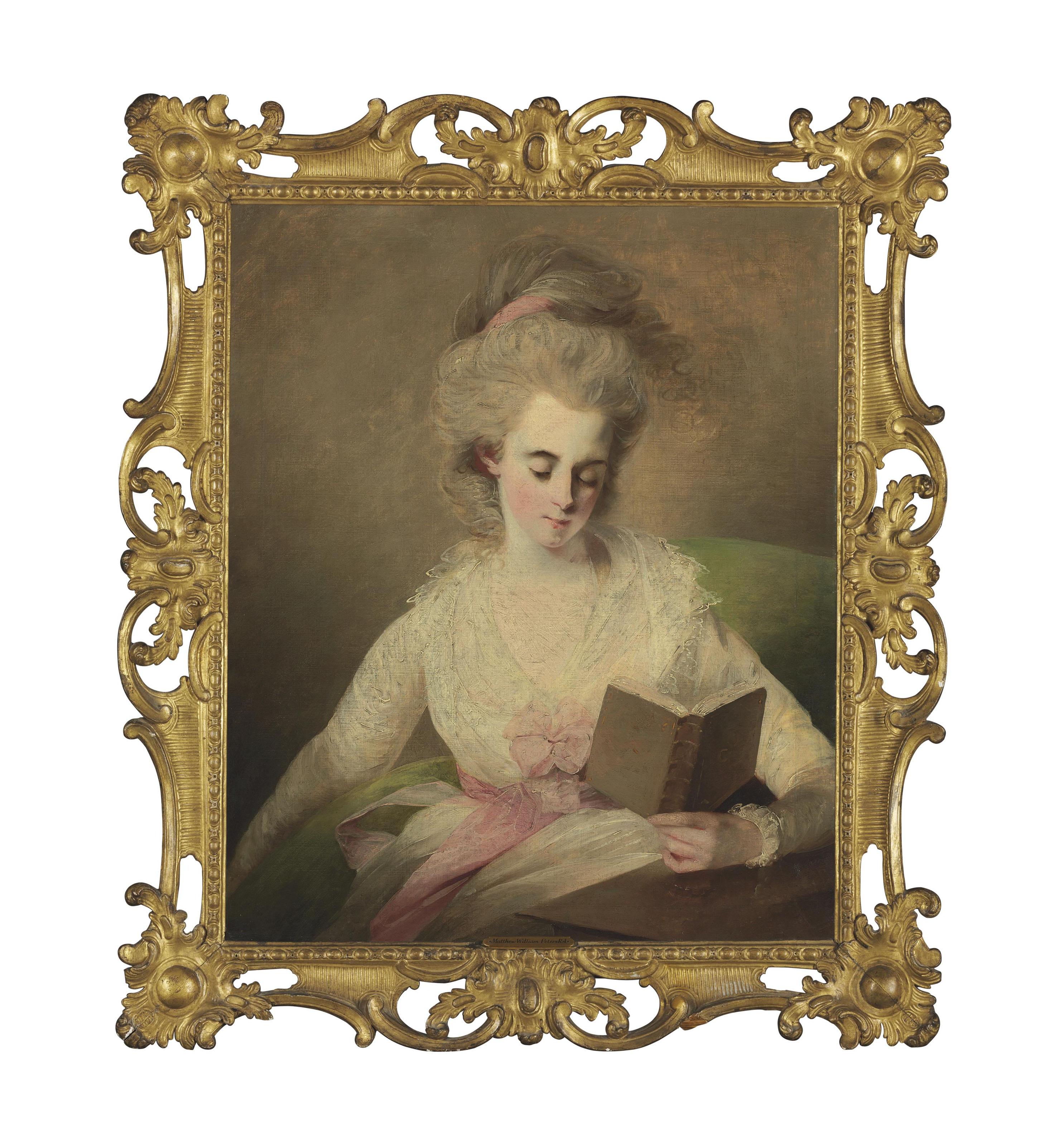 The Reverend Matthew William Peters, R.A. - A Young Lady In A White Dress With Pink Bows, Seated At A Table, Reading A Book