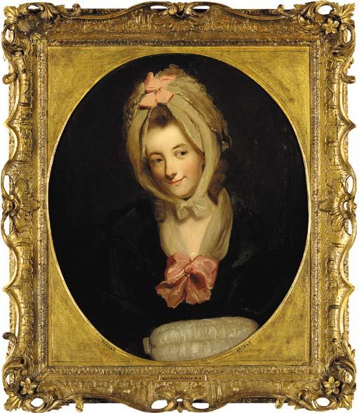The Reverend Matthew William Peters, R.A. - Portrait of a lady, possibly the artist\'s wife, half-length, in a black dress, silk scarf and bonnet