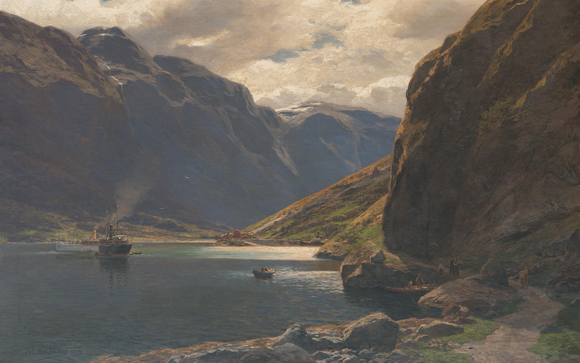 Themistokles von Eckenbrecher - Norwegische Fjordlandschaft mit einem Dampfer und Fischerboot