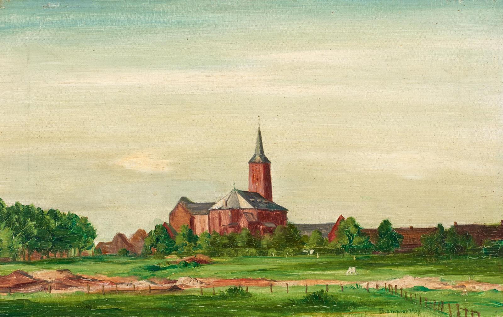 Theo Champion - Ansicht eines Dorfes mit Kirche.
