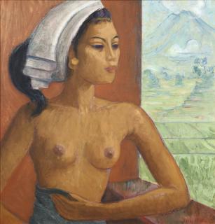 Theo Meier - Portrait Of The Artist\'S Wife Madèh Pergi With Mount Gunung Agung